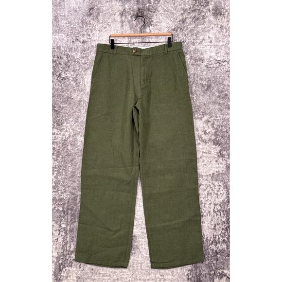 Original Fibres Pants 34 x 31 Mens Green Linen Straight Leg - Picture 1 of 7